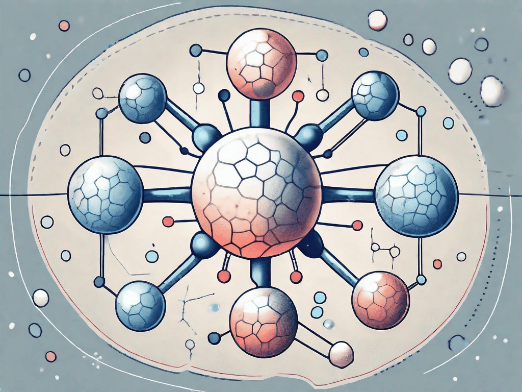 A melatonin molecule surrounded by various immune system elements like antibodies and white blood cells