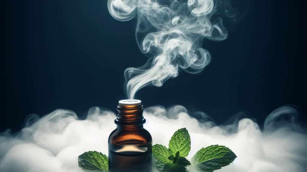 cloudy image of peppermint oil emanating from a bottle