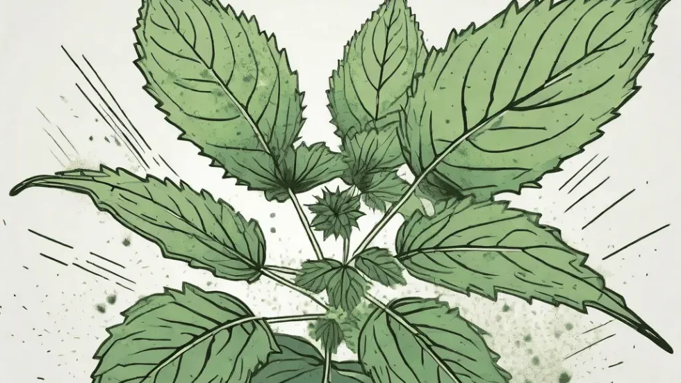 A stinging nettle plant with allergens like pollen and dust particles visibly being repelled away from it