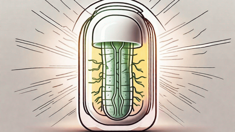 A probiotic capsule with a burst of light emerging from it
