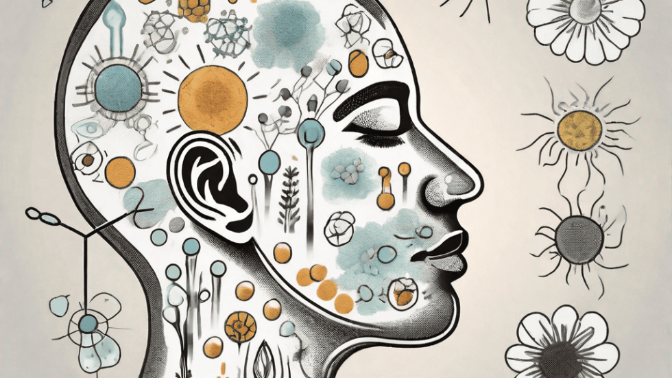 A nose with various symbols around it representing allergens like pollen