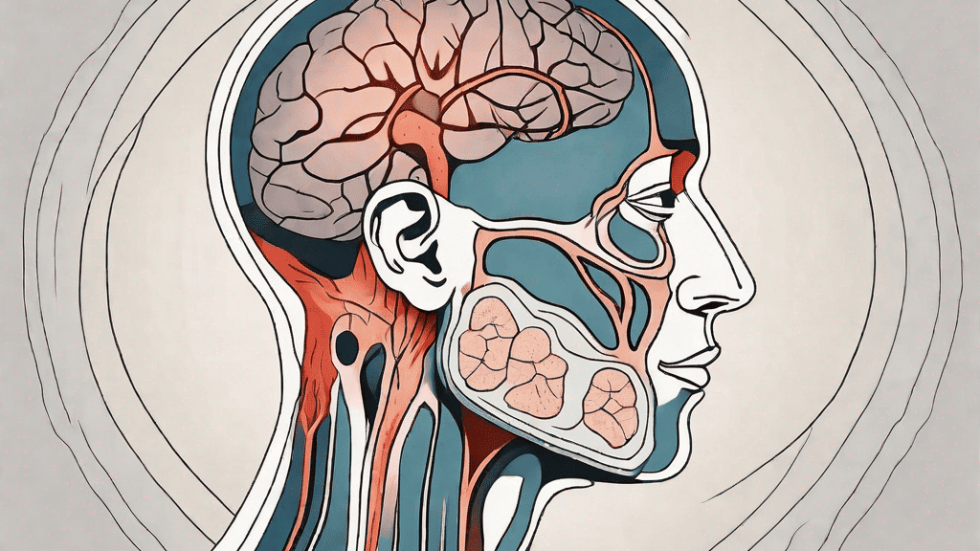 A cross-section of a human head showing the inflamed sinus cavities in the nose and forehead area