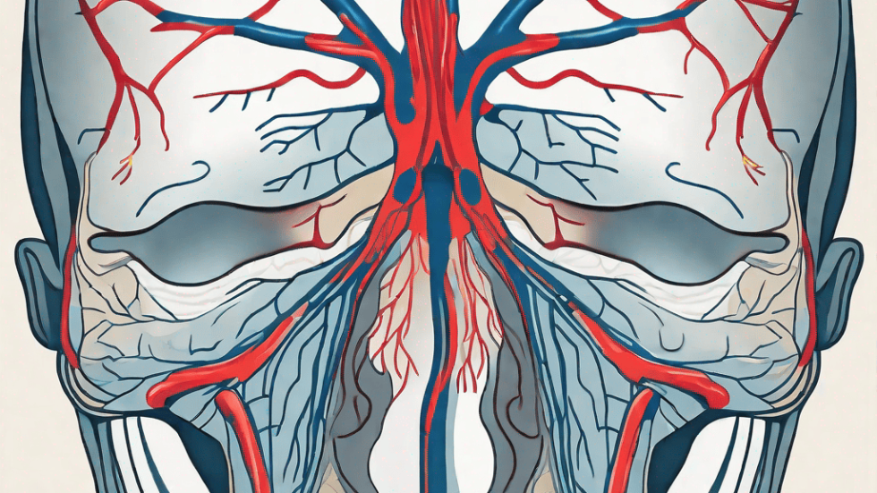 A human sinus anatomy highlighting areas typically affected by chronic sinusitis