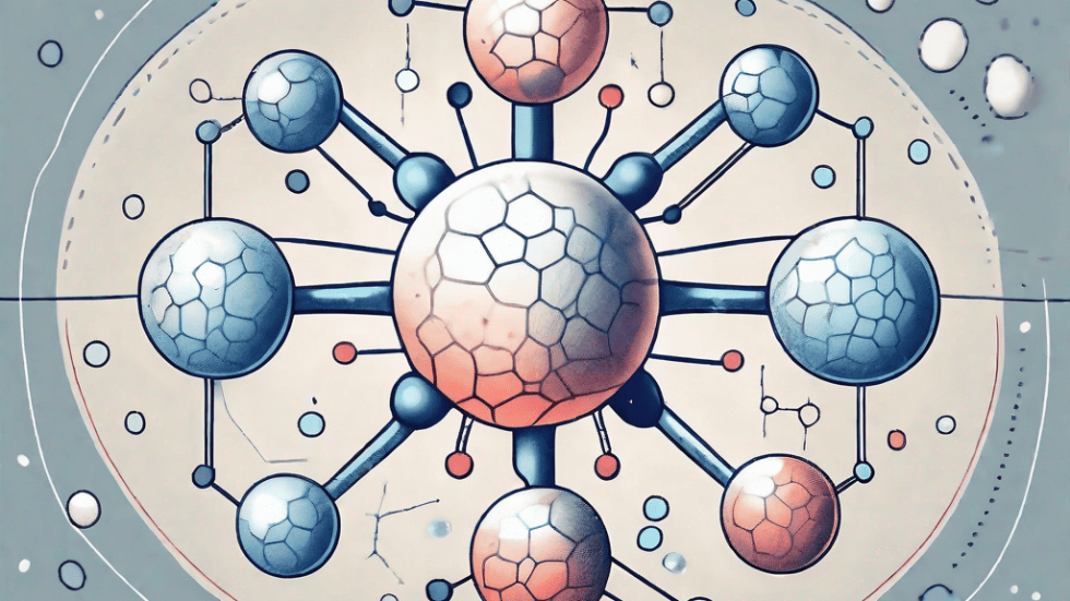 A melatonin molecule surrounded by various immune system elements like antibodies and white blood cells