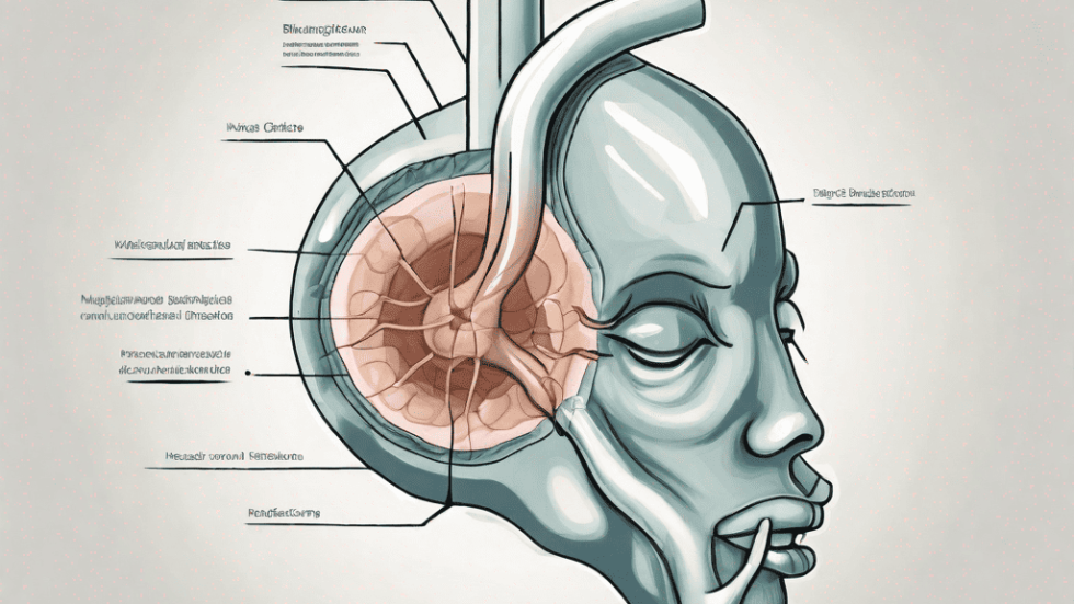 A magnified view of a nasal cavity showing nasal polyps and a symbolic representation of healing or reduction in their size