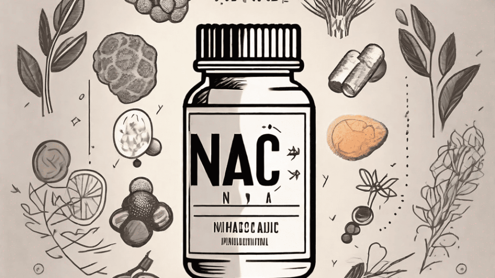A supplement bottle labeled 'nac' surrounded by various symbols representing health