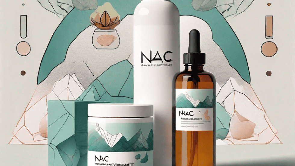 A bottle of n-a-c supplement surrounded by symbolic imagery of sinusitis such as a sinus cavity and a tissue box