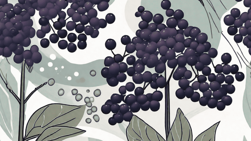 Elderberries growing on a bush with pollen particles in the background
