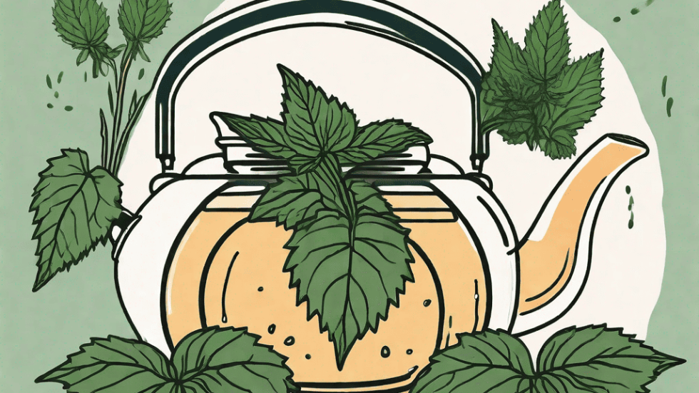 A stinging nettle plant with its leaves being steeped in a teapot