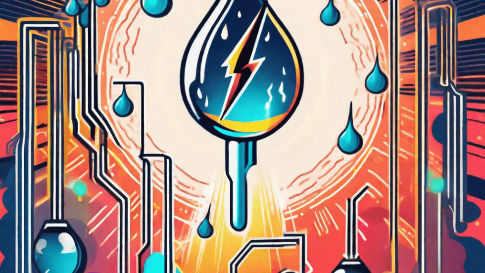 A droplet containing a glowing b12 vitamin surrounded by symbols of energy like lightning bolts and a sun
